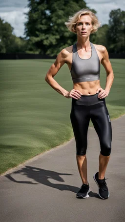 photography of a beautiful anorexic woman, grey satin triathlon top, sports illustrated, blond short wavy bob haircut, pronounced sternum, anthracite running leggins