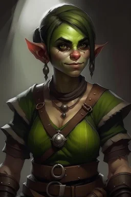 Dungeons and dragons She is an orc. She has green skin. She is kind. She is handsome. She has nice eyes. She has short hair. She is strong. She is in a tavern. She has broad shoulders. She has a large jaw. She wears casual peasant clothes. Her clothes are black. Realistic style