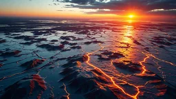 realistic photo, aerial view of a landscape covered in molten platinum that looks futuristic with futuristic lighting, horizon