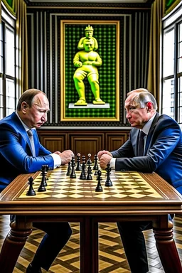 Vladimir Poutine playing chess with human pieces