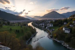 Create hypeCreate hyper-realistic photo of [Swiss] hills ,river, escape . Soft bright daylight, . DSLR quality, sharp focus.r-realistic photo of [Swiss] city scape. . Sunset cloudy sky godrays . DSLR quality, sharp focus.