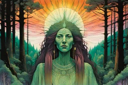 create an abstract expressionist lithograph of a ghostly and luminous female tribal druid priestess, with highly detailed, delicate feminine facial features, inhabiting an ethereal Northern forest of ancient hemlocks, in the comic book style of Jean Giraud Moebius, David Hoskins, and Enki Bilal, precisely drawn, sharply defined, boldly inked, with vibrant pale dawn colors