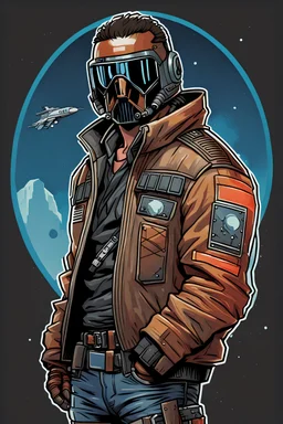 High Quality Science Fiction Character Portrait of starwars bounty hunter in a Bomber Jacket. Illustrated in the Style of the Archer Tv Series.