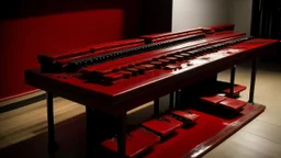 A dark red plague xylophone painted by Andy Warhol
