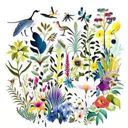 Illustrate a vibrant garden blooming with diverse flora and fauna, representing creativity and inclusivity. Show different species of plants and animals coexisting harmoniously, symbolizing the value of diversity and inclusion in fostering creativity. realistic, white background, detailed