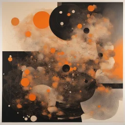 diffused cosmic conspiracies, abstract art, pinpoint light clusters, by Petros Afshar and Victor Pasmore, silkscreened mind-bending abstractist metal etching, asymmetric, cigarette burn textures, violent orange and black colors of differing hues, orange monocolor