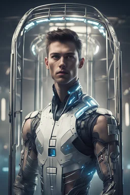 A portrait of a male competitor in a futuristic sport in a numbered cage, waiting to be taken to play by his AI master in a fantastical future
