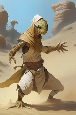 Wide Shot of a sand lizardfolk monk in Pathfinder RPG in an action pose