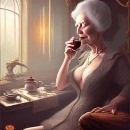 fantasy art, book cover, sexy old woman drinking tea under a smoking mirror