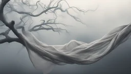 Multiple entanglements between a twisted thin piece of cloth as part of many twisted and spiraling branches disappearing into the distant mist, epic photo, sharp on highly detailed skin with wrinkles and high contrast, photorealistic, 4K, 3D, realism, hyperrealism, detail, good lighting, detailed texture, modern photography style, 3D, 4D, 4K --2:3