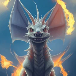 This Fire dragon has 2 horns pointing forward. Its neck is very short; Its snout is vertically very tall, very wide, very long, and smooth. Its teeth are retractable. It has sharp claws, fur, and striped scales. Its tail is very short and very wide.