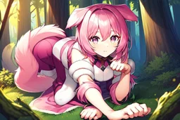 Forest, girl, pink hair, dog tail, sit on all fours, fur on foot and hand, paw