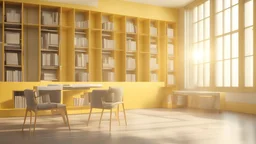 Modern yellow library interior with sunlight. Decor and desing concept. 3D Rendering