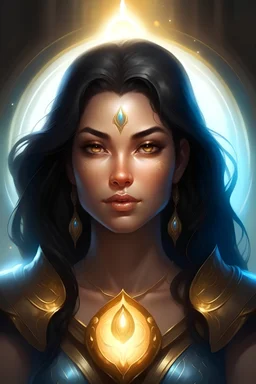 Generate a dungeons and dragons character portrait of the face of a female, peace aasimar that looks like a high blessed by the goddess Selune. She has black hair and glowing eyes and is surrounded by holy light