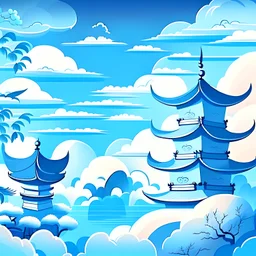 chineese background for game, light blue colors, sky colors with traditional elements, stylized