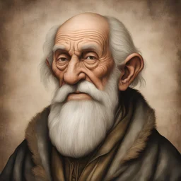 a Dutch Renaissance era caricature illustration of a wizened and aged elder apothecary highly detailed facial features, painted in the style of Pieter Brueghel the Elder , Hieronymus Bosch, and Gerald Scarfe aged canvas, craquelure finish, archaic masterpiece, 4k