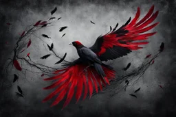 bird, broken wings, dark red feathers, pools of red, black and gray colors, surreal mood, kife and passing away, etheral, natur,, abstract background, pain, loneliness, despair, gray plain wall, cinematic, masterpiece