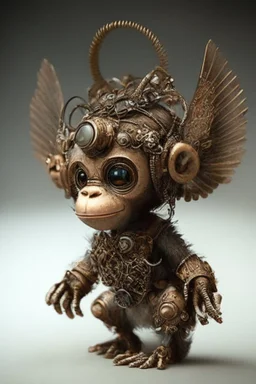 small cute steampunk mechanical monkey, made of metal with mechanical wings