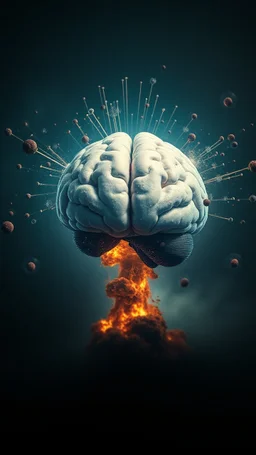 a human brain and eyes floating and crossed with a nuclear explosion