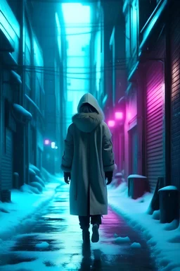 winter, a pretty eskimo woman walking in an alley, neon lights, snow falling, cold, empty streets, fantasy world, 4k