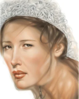 dibujo en grafito realista de rostro mujer 35 años pelo negro atado cola de caballo labios definidos, de frente tres cuartos perfil mira al frente sonrie leve