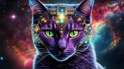 cat-alien stunning weird hybrid , galaxy, stars, fantasy, sci-fi, detailed, masterpiece intricate detail, deep colors, hight textures, glitch, metallic shine, sharp focus, 64 megapixels, surreal mood