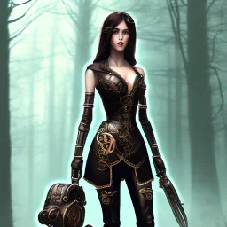 steampunk, dark forest, black hair, long legs, leather clothes, robot face