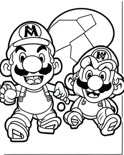 outline art for Mario Vs Goomba coloring page, Japanese manga style, cartoon style, cute face, white background sketch style, full body is a must, only use outline, clean line art, no shadow, bold outline