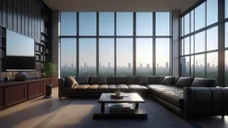 create a 4k HD luxury living room with high floor to ceilling window panes transparent to see what is outside the living room.Make it 16:9 ration