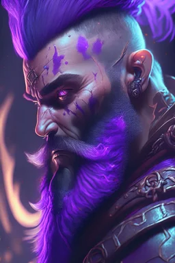 photorealistic warrior, hyperdetailed painting, luminism, Bar lighting, complex, purple mohawk, 4k resolution concept art, Artgerm, WLOP, Alphonse Mucha, 3d render, octane render, intricately detailed, cinematic, awesome full color, hand drawn, dark, gritty, cinematic, purple beard, wyvern