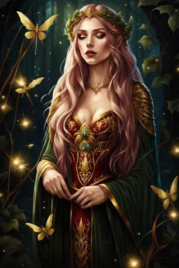 Burgundy hair, dark hair,dark red , rapunzel hair,very long hair,dark fairy princess,elven crown,night,dragonflies,beautiful,ong ashes,golden armor ,sparkle,night blooming,ivy,dark green,lilly of valley,golden elven crown,elven warrior,dark gold armor,extremely long hair