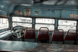 old 1960s tata public bus with young chinese driver alone. the seats all facing driver back. generate horizontal view.
