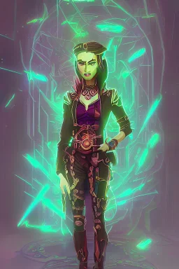 steampunk elf standing in a neon forest