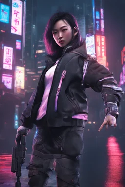 4k, hyper-realistic, Ultra-HD, Ray-tracing, cyberpunk, cybernetics, Asian, Female, short, jacket, carrying pistol, hacker, night time, bright signs, lively city