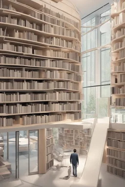 A modern library. Robotic book delivery, everything is automated. Cutting-edge library interior design. Everything is drawn in detail, in high resolution. 8k