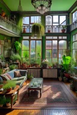 A spacious house with a glass balcony full of plants, a small kitchen on the side, and two facing sofas with a table in the middle. The house is full of plants and flowers, a glass panel containing precious stones, old lighting lamps, details from the Victorian era.