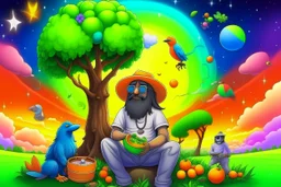sasquach whit an orange bucket hat with googly eyes sitting under a tree and smoking a joint. in the middle of the sky the is a rainbow. On the right of the rainbow you can see a night sky with a galaxy and planets. on the left side of the rainbow is clear day sky, There is a light coloured guitar near the sasquach. realistic, photograph, full body, landscape