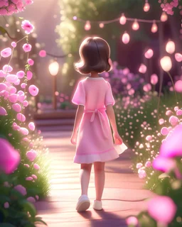 In the garden walking among the flowers, cute girl 8 years old, light pink silk skirt, illustration, wearing slippers on foot, high heels, hair Brown blowing, cinematic, glitter, glitter, perfect, 4K, 3d, high resolution, Barbie style, sunlight best quality, high resolution, detailed work, po-processing, perfect result