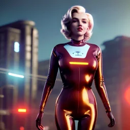 Realistic image, retro sci-fi, portrait, waist up view, blonde woman, sweet Marylin Monroe face, perfect iris, glow eyes. tight latex tights suit. Retro Futuristic city, cars flying. epic style, vibrant color, highly detailed, unreal engine 5, ray tracing, RTX, lumen lighting, ultra detail, volumetric lighting, 3d, finely drawn, high definition, high resolution.