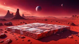 an ancient abstract nonfigurative statue with ancient signals from carved, polished marble blocks lies down on the red Mars planet, background ancient ruins, strange psychedelic sky, cold colors, mystic ancient art, very detailed, cinematic, sharp focus, sci-fi style, utopistic, surreal, psychedelic fantasy