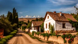 old village houses, European village, dirt road, the last house on the street is the oldest, with an old roof, adobe house, rose bushes in front of the house street photo, cloudy sky