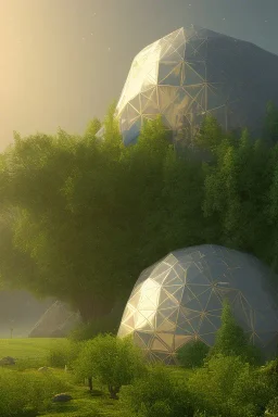 geodesic Dome a facettes transparant ultra réaliste, brouillard, prairie,riviere animé, soleil, ciel étoilé cgi, rendu houdini