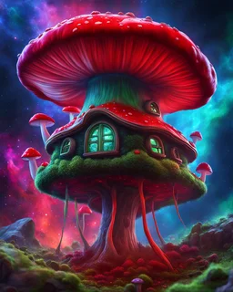 A lonely floating island mushroom house in space. red green blue, deep space nebulas. Detailed gloss Painting, bright color, fantastical, intricate detail, splash screen, hyperdetailed, insane depth, concept art, 8k resolution, trending on Artstation, Unreal Engine 5, color depth, backlit, splash art, dramatic, High Quality Whimsical Fun Imaginative, good composition