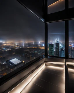 top floor of skyscrapper in moder city at night sky next to a wide window ,city scape at backgrownd