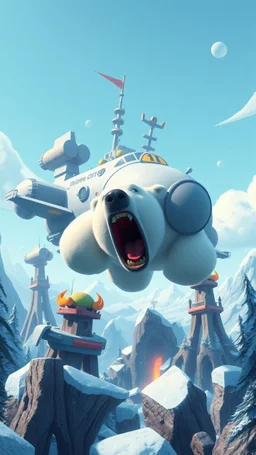 captain polar bear screaming in panic as huge air ship floating above frozen artic jungle with weird alien towers gets torn apart under him, in the style of Pixar, expertly crafted in a whimsical and vibrant cartoon style. is masterfully rendered in a lifelike 3D design, which captivates viewers with there irresistible charm.