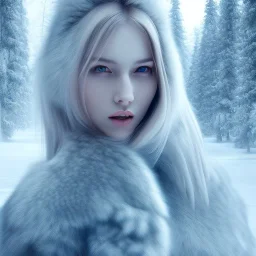 Woman, ice, blue, forest, snow, beautiful, mountain, masterpiece, expert, 8K, hyperrealism, sharp focus, cinematic lighting