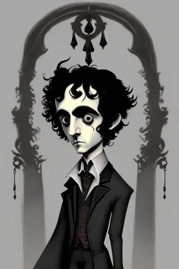 black haired black eyed young man necromancer wizard Gnome that looks like a young Edgar Allan Poe with gothic jewelry in the style of Charles Addams