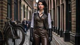 full-height portrait of a woman with straight shoulder-length black hair, with metal arms and legs, dressed in leather trousers, and a waistcoat, in a Victorian street next to a steampunk bike