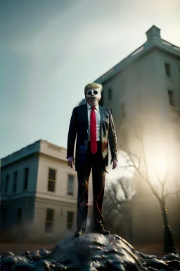 Ultra realistic image night, Donald trump zombie, zombie performance, skull, blood, torn arm, night, walking twisted, waist up view, thriller style, dark ambient, highly detailed, White House background, concept art, unreal engine 5, god rays, ray tracing, RTX, focal lighting, ultra detail, volumetric lighting, 3d, finely drawn, high definition, high resolution.