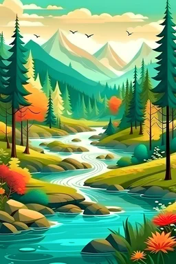 a magic forest with a river and mountains